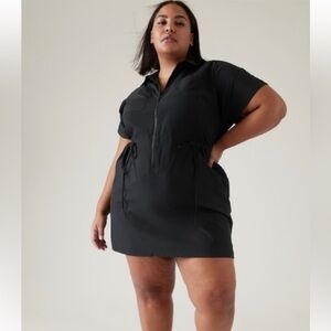 Athleta Black Short-Sleeve Zip-Front Drawstring Mini Dress